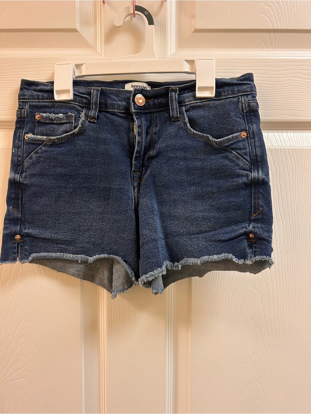 Kensie Dark Blue Frayed Hem Denim Shorts